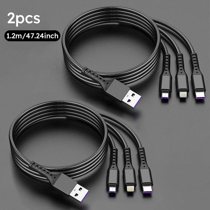2-Pack 1.2M MFi Certified 3-in-1 Super Fast Charging USB Cable - Type-C, Micro USB, and IP Port for All Devices