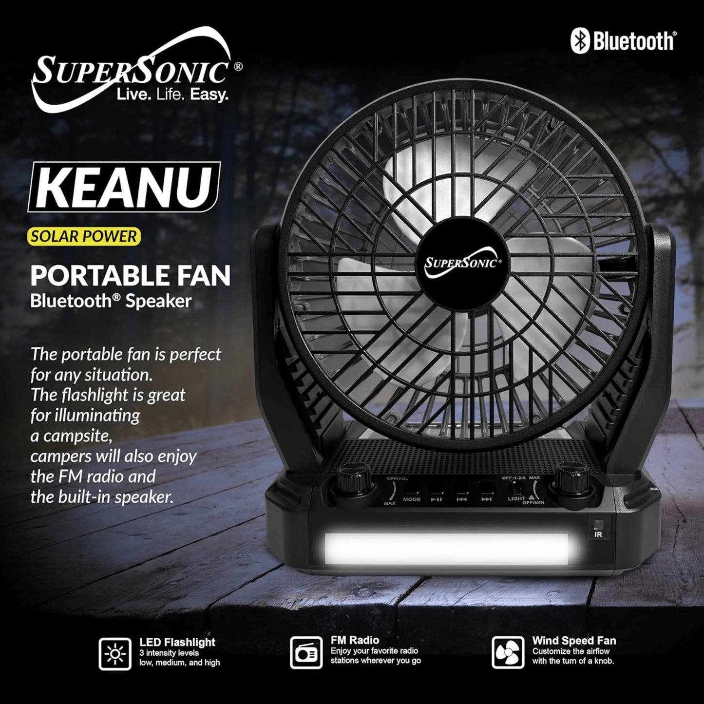 Solar-Powered Bluetooth Speaker with FM Radio, LED Flashlight, and Fan