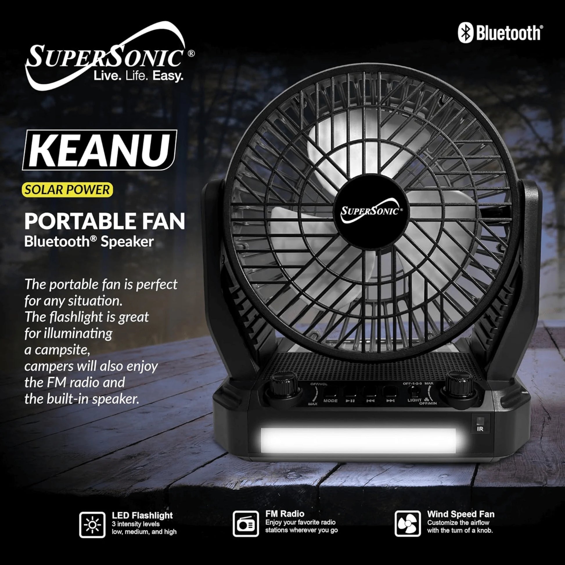 Solar-Powered Bluetooth Speaker with FM Radio, LED Flashlight, and Fan
