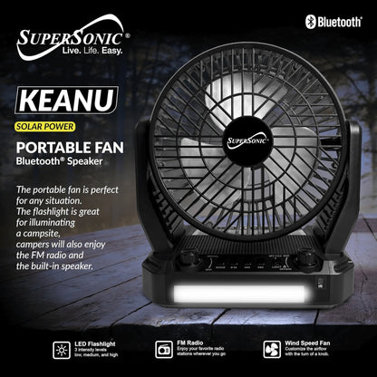 Solar-Powered Bluetooth Speaker with FM Radio, LED Flashlight, and Fan