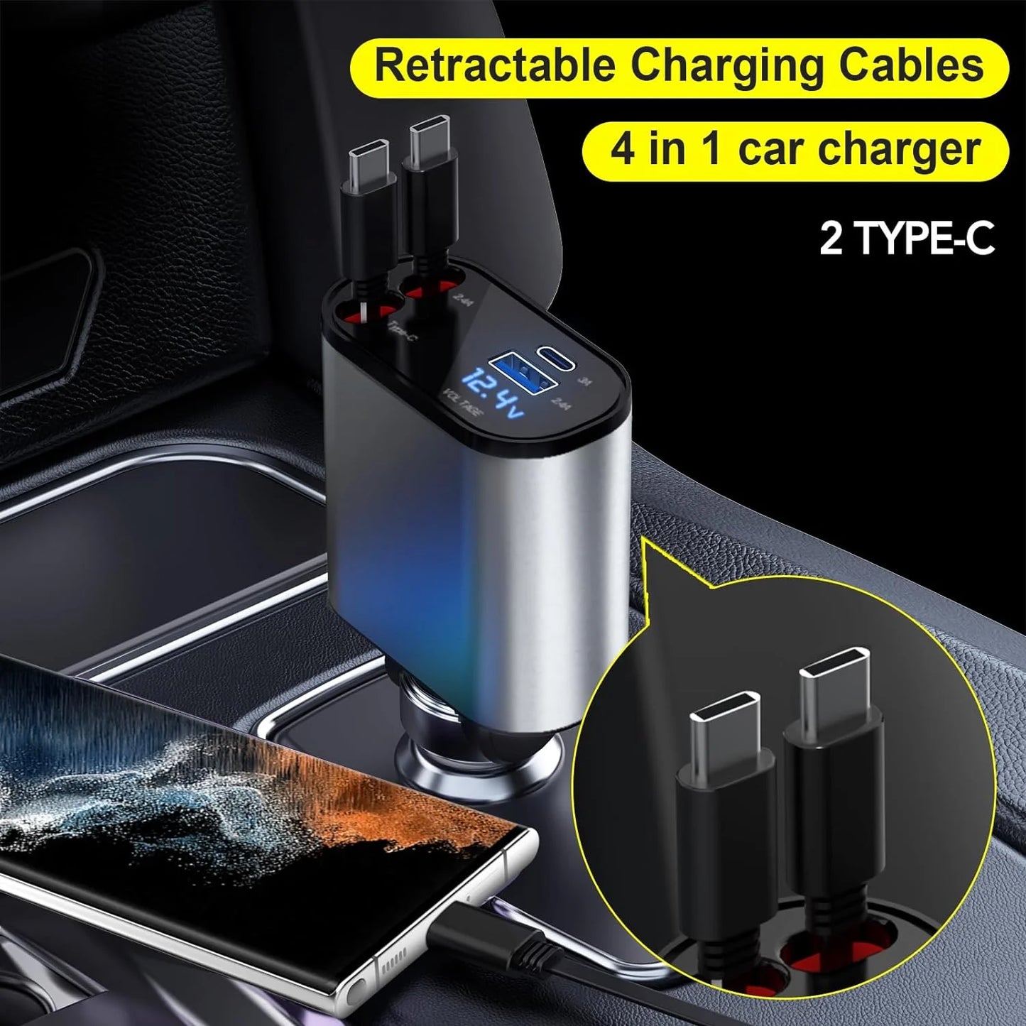 4-in-1 Retractable Fast Car Charger, 66W USB Charger with Integrated Cables, Compatible with iPhone 15/14/13/12/11, Galaxy, and Pixel