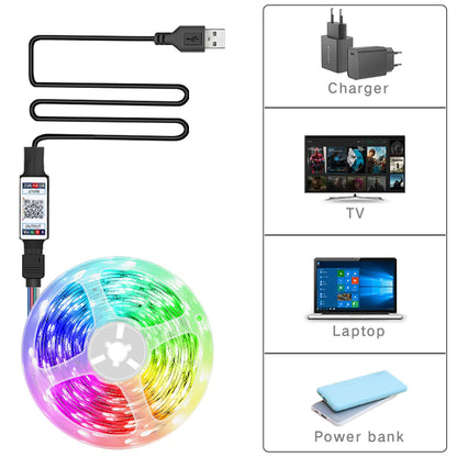 Bluetooth-Controlled RGB 5050 LED Strip Light - Flexible 5V USB Tape for TV Backlighting and Room Decoration