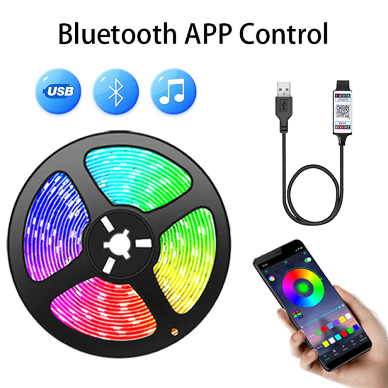 Bluetooth-Controlled RGB 5050 LED Strip Light - Flexible 5V USB Tape for TV Backlighting and Room Decoration