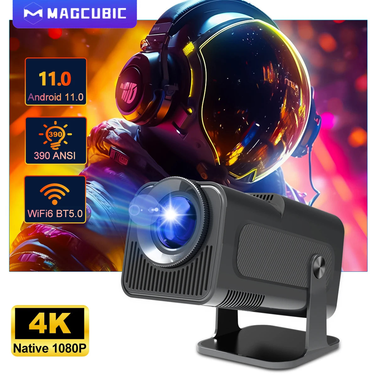 Upgraded 4K Android 11 Projector - Native 1080P, 390 ANSI, Dual WiFi 6, BT 5.0, Portable Cinema Experience