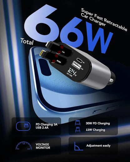 4-in-1 Retractable Fast Car Charger, 66W USB Charger with Integrated Cables, Compatible with iPhone 15/14/13/12/11, Galaxy, and Pixel