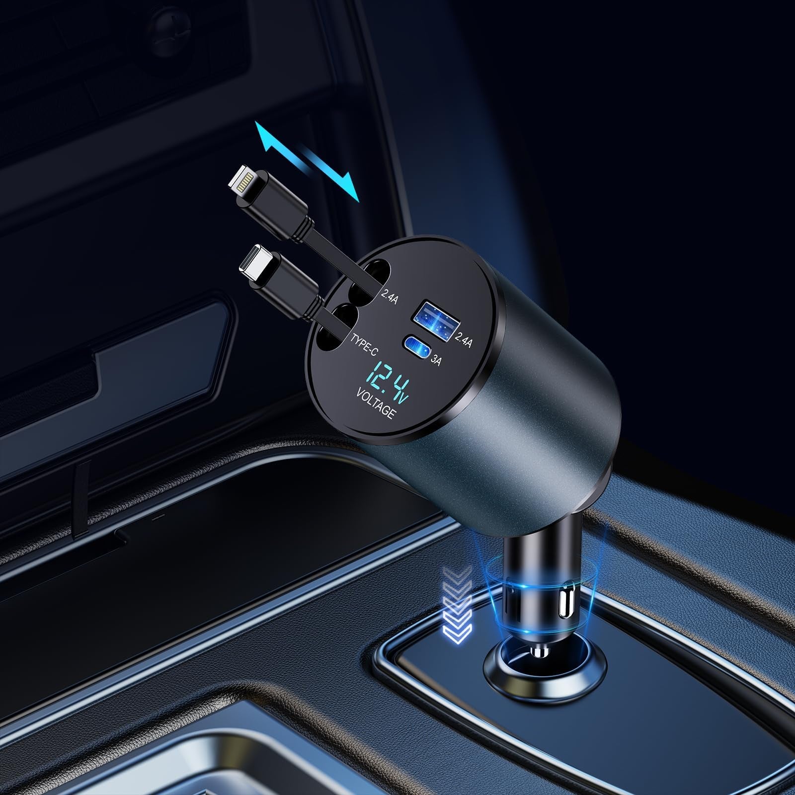 4-in-1 Retractable Fast Car Charger, 66W USB Charger with Integrated Cables, Compatible with iPhone 15/14/13/12/11, Galaxy, and Pixel