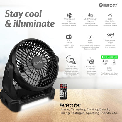 Solar-Powered Bluetooth Speaker with FM Radio, LED Flashlight, and Fan