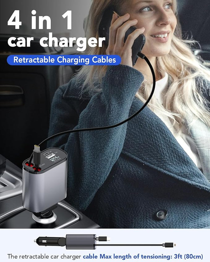 4-in-1 Retractable Fast Car Charger, 66W USB Charger with Integrated Cables, Compatible with iPhone 15/14/13/12/11, Galaxy, and Pixel