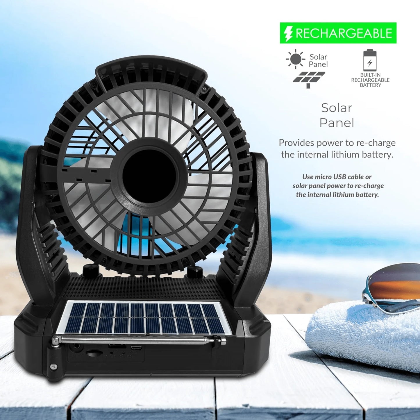 Solar-Powered Bluetooth Speaker with FM Radio, LED Flashlight, and Fan