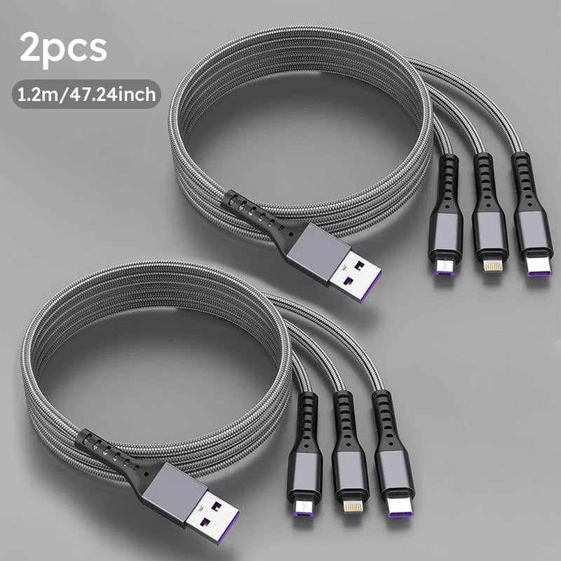2-Pack 1.2M MFi Certified 3-in-1 Super Fast Charging USB Cable - Type-C, Micro USB, and IP Port for All Devices