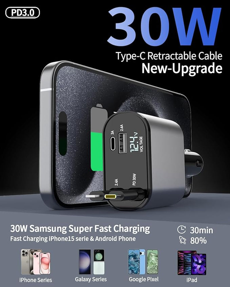 4-in-1 Retractable Fast Car Charger, 66W USB Charger with Integrated Cables, Compatible with iPhone 15/14/13/12/11, Galaxy, and Pixel
